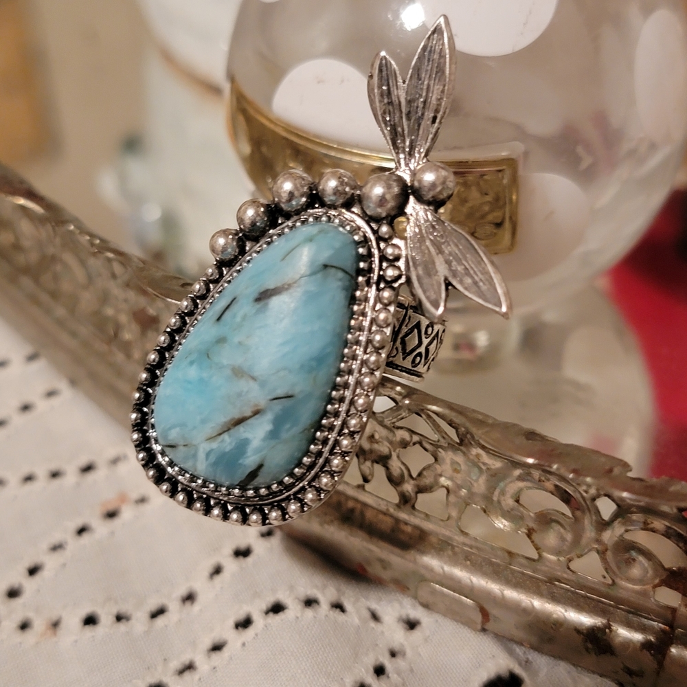 Dragonfly Faux Turquoise beaded stone Boho hippie South western ring NWT - Picture 11 of 15